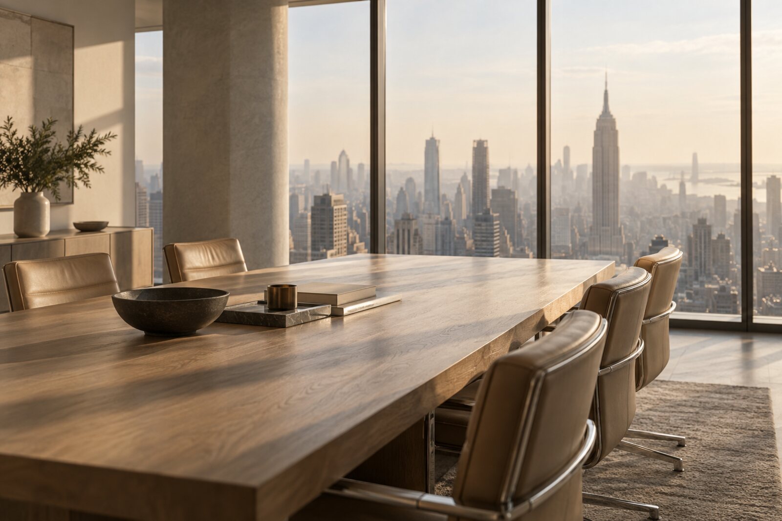 A quiet, light-filled boardroom overlooking a city skyline